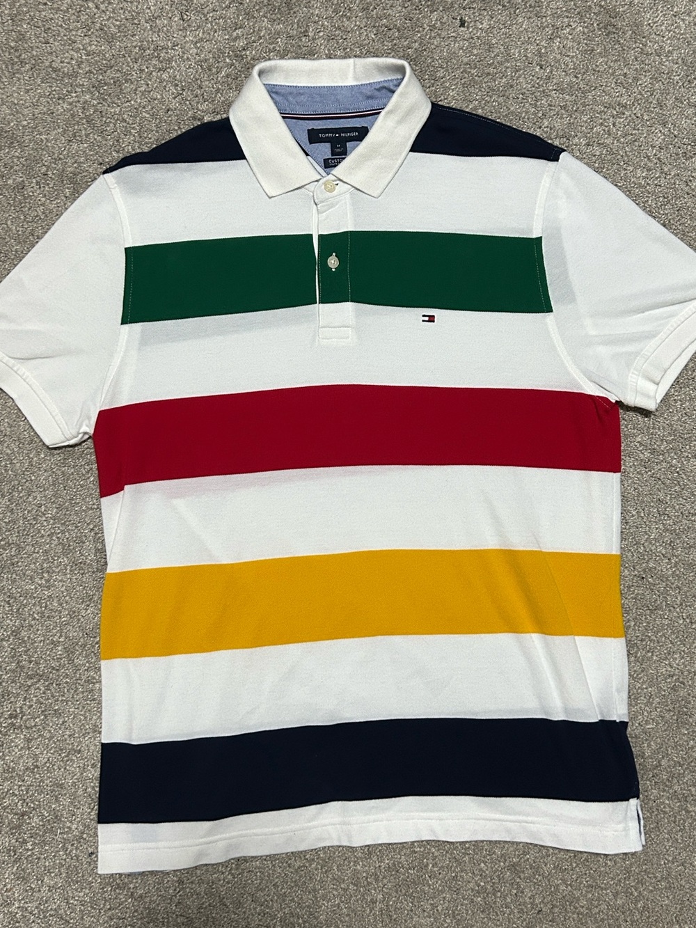Y2K Tommy Hilfiger Striped Rainbow White Polo Mens Medium